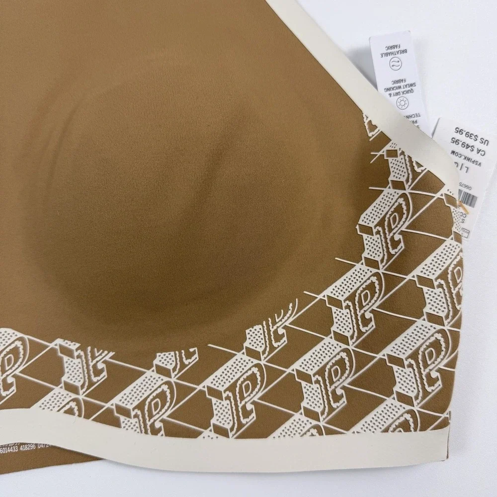 Victoria's Secret PINK Relay High Neck Racerback Sports Bra Tan Logo L NWT